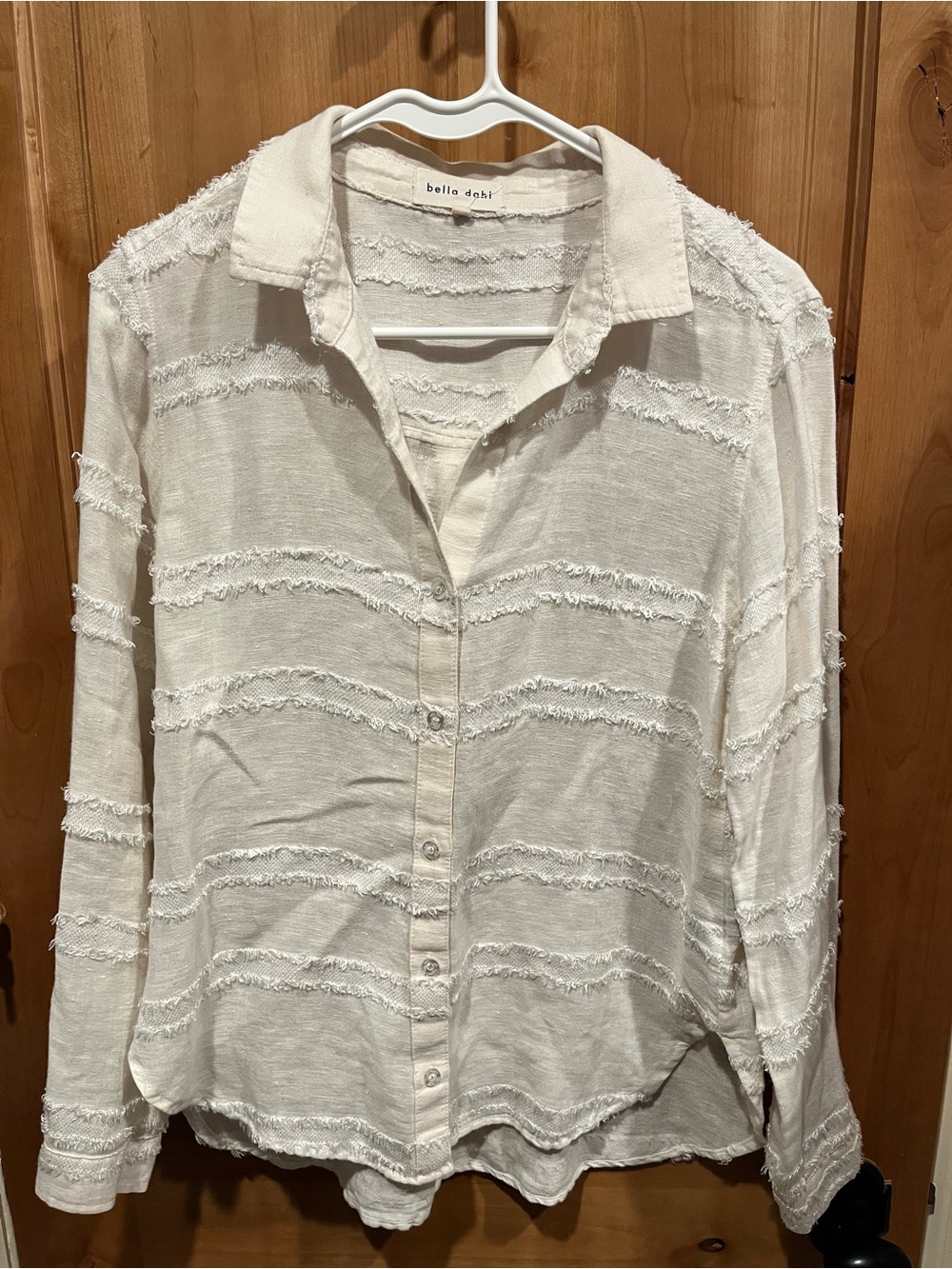 Bella Dahl Cream Fringe-Stripe Button Front Blouse - size S